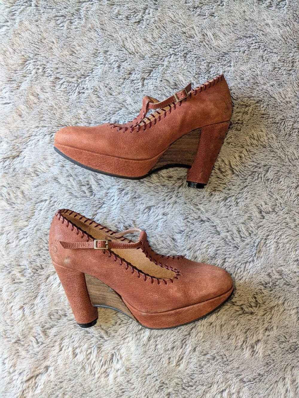 John Fluevog Gertrude Mary Janes Heels Wedges Suede Leather T Strap Size 7